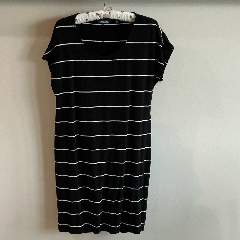 Lands' End Black Dress with White Stripes — Midi Scoop Neck
